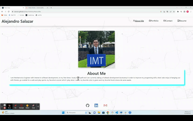 User clicks through About Me, Portfolio, Resume, and Contact sections on the webpage and enters information on Contact page.